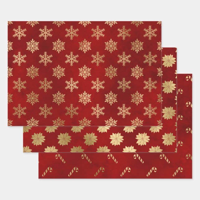 Elegante Weihnachtsmuster in Rot und Gold Geschenkpapier Set (Set)
