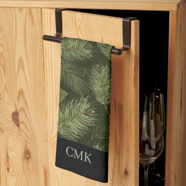 Elegante Weihnachtszweige auf Schwarz mit Monogram Geschirrtuch (Drittel gefaltet)