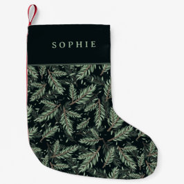 Elegante Weihnachtszweige auf Schwarz mit Namen Kleiner Weihnachtsstrumpf