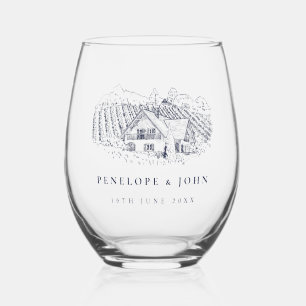Elegante Weinberg-Illustration Destination Hochzei Weinglas Ohne Stiel