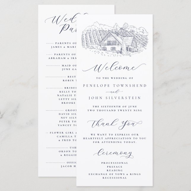 Elegante Weingut-Illustration Ziel Hochzeit Programm (Vorne/Hinten)