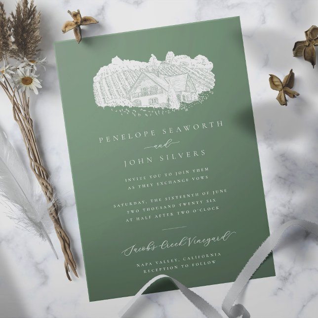 Elegante Weinkeller Hochzeit Einladung (Sage green wedding invitation with an illustration of a vineyard)
