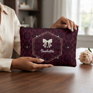Elegante Weinrote Floral- und Gold-Monogramm-Indiv Zubehörtasche