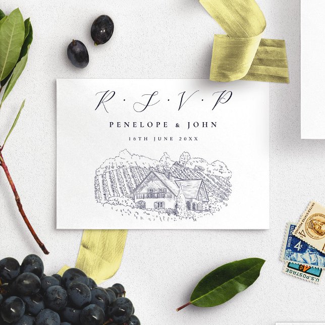 Elegante Weinroute Hochzeit in Urlaubsort RSVP Karte (Elegant Vineyard Illustration Destination Wedding RSVP Card)