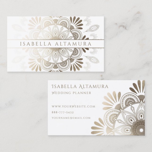Elegante Weiß-u. Goldfolien-Mandala-Visitenkarten Visitenkarte (Vorne/Hinten)