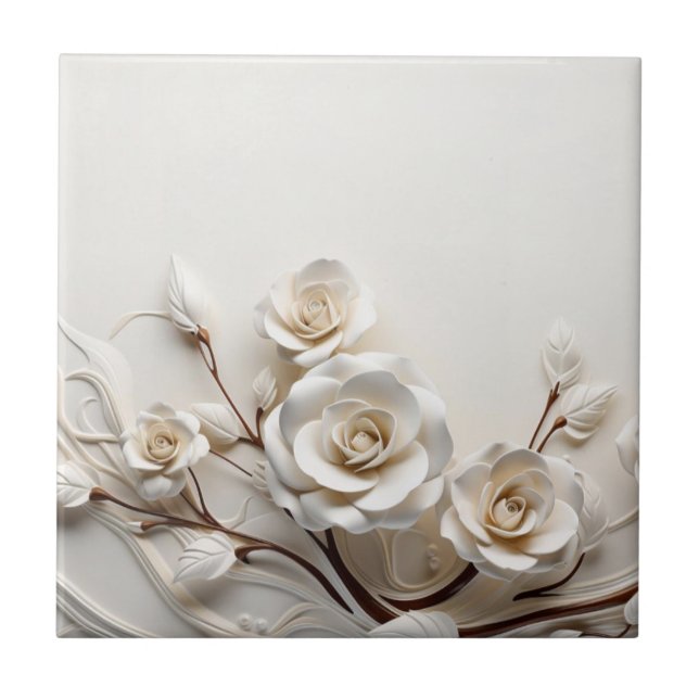 Elegante weiße 3D-Rosen Fliese (Vorderseite)