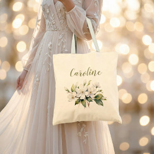 Elegante weiße Aquarell-Apfelblüten-Name Tragetasche