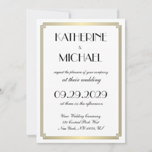 Elegante weiße Art Deco Hochzeitseinladungen Einladung