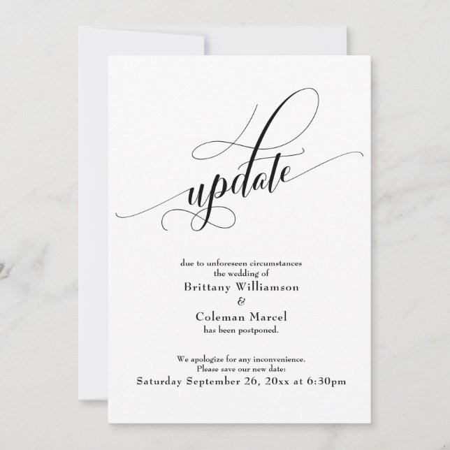 Elegante weiße, aufgeschobene Hochzeitsupdate-Kart Einladung (Vorderseite)