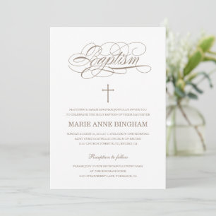 Elegante weiße beige Kalligrafie-Taufe Einladung