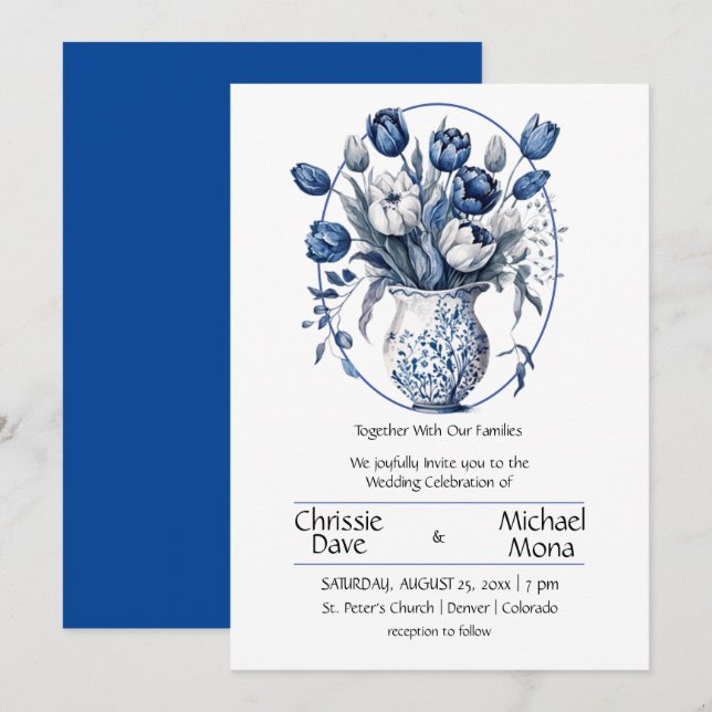 Elegante weiße & blaue Tulips in Vase Wedding Einladung (Vorne/Hinten)