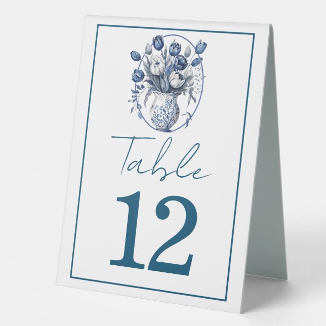 Elegante weiße & blaue Tulips in Vase Wedding Tischaufsteller (Vorderseite)