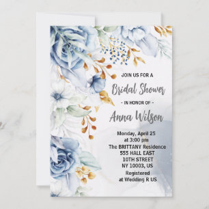 elegante weiße blaue und goldene florale Brautpart Einladung