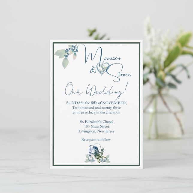 Elegante weiße, blaue und grüne Orchideenhochzeit Einladung (Stehend Vorderseite)