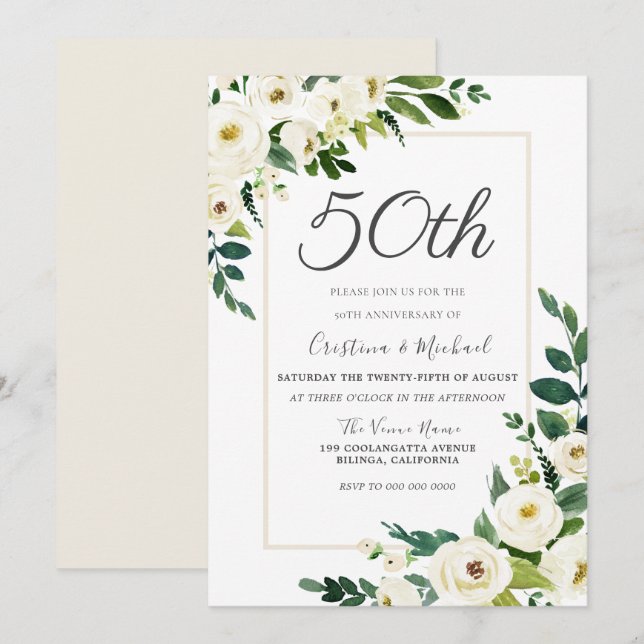 Elegante weiße Blume 50. Hochzeitstag Einladung (Vorne/Hinten)