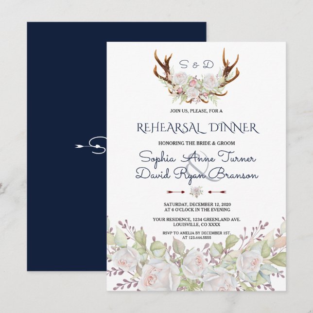Elegante Weiße Blume Antlers Probe Abendessen Einladung (Vorne/Hinten)