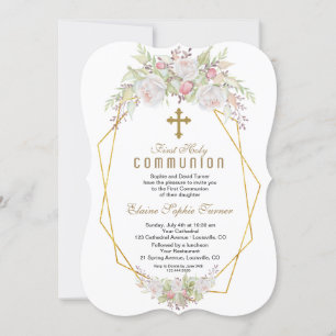 Elegante weiße Blume Goldene Erstkommunion Einladung