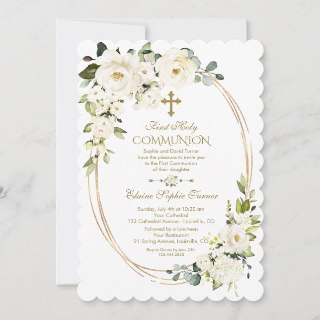 Elegante weiße Blume Goldene Erstkommunion Einladung (Vorderseite)
