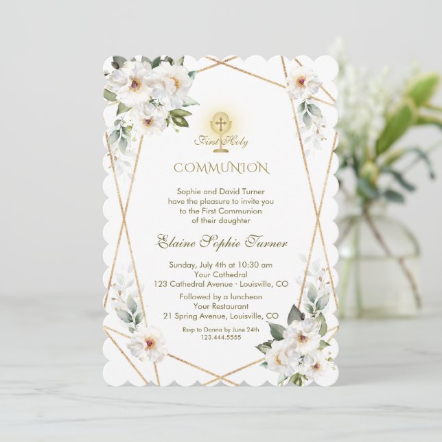 Elegante weiße Blume Goldene Erstkommunion Einladung (Stehend Vorderseite)