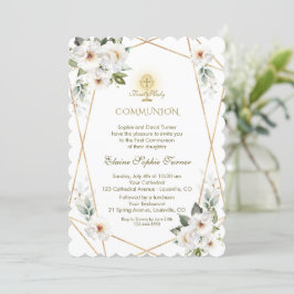 Elegante weiße Blume Goldene Erstkommunion Einladung