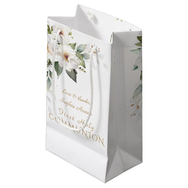 Elegante weiße Blume Goldene Erstkommunion Kleine Geschenktüte (Vorderseite Schrägansicht)