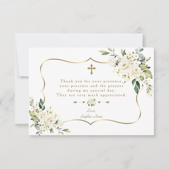 Elegante weiße Blume Goldrahmen Girl Taufe Dankeskarte (Vorderseite)