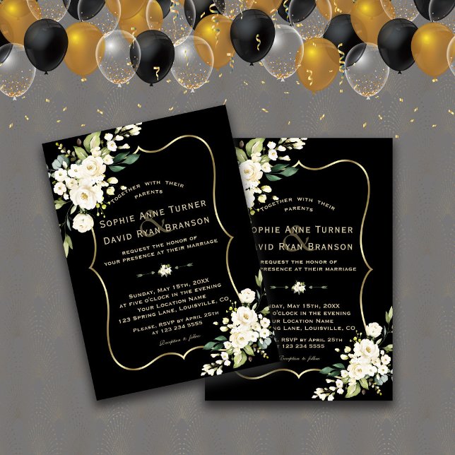 Elegante weiße Blume Goldrahmen Schwarz Hochzeit Einladung (trendy elegant modern white floral black gold wedding invitation)