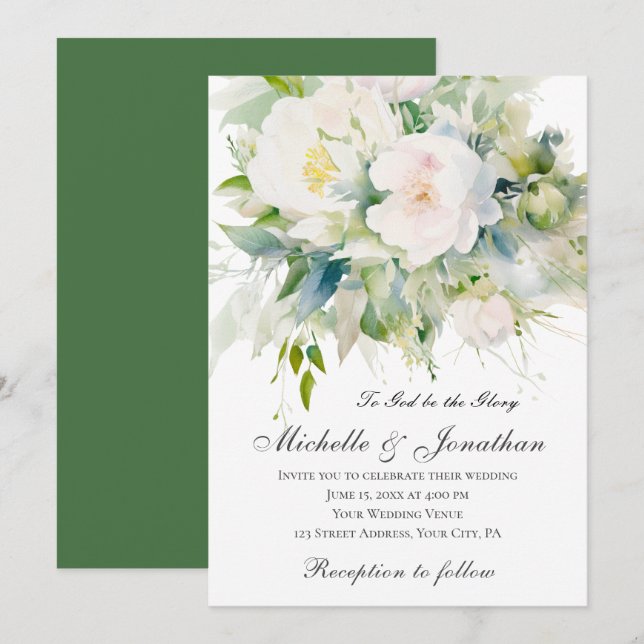 Elegante weiße Blume Grüne Christliche Hochzeit Einladung (Vorne/Hinten)