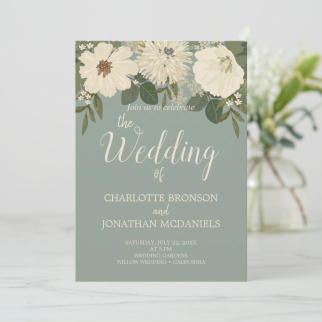 Elegante weiße Blume Grüne Hochzeit Einladung (Stehend Vorderseite)