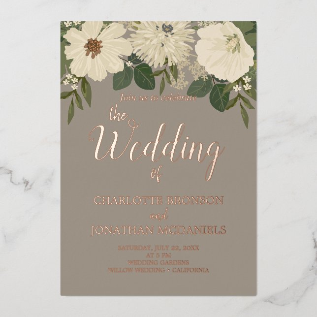 Elegante weiße Blume Hochzeit Folieneinladung (Vorderseite)