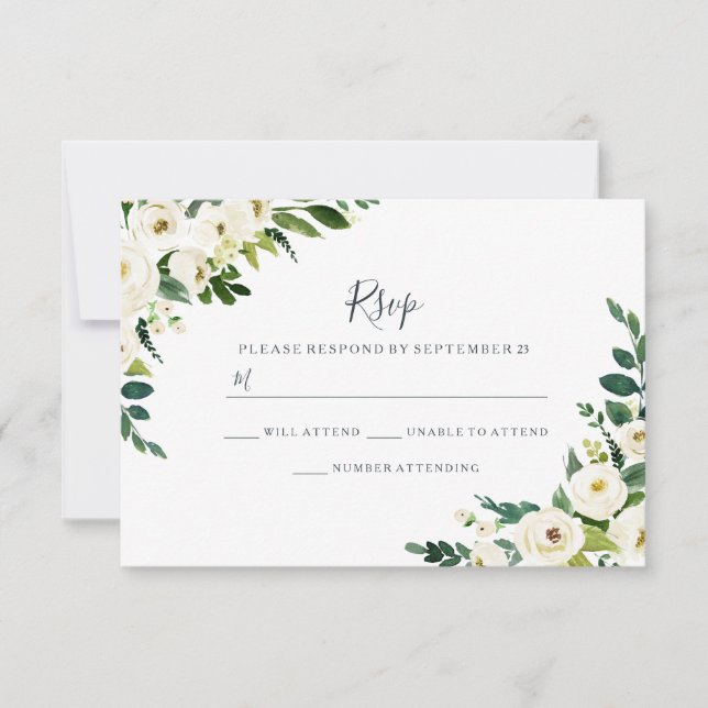 Elegante weiße Blume Modernes Hochzeitsszenario RSVP Karte (Vorderseite)