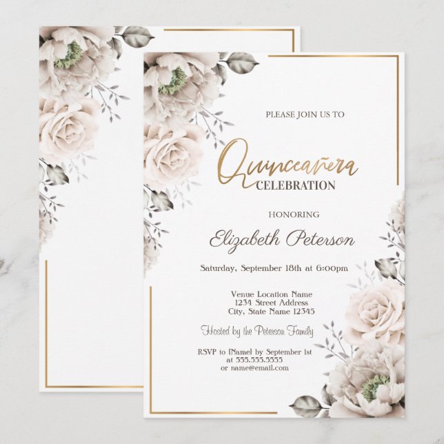 Elegante weiße Blume Quinceañera Einladung (Vorne/Hinten)