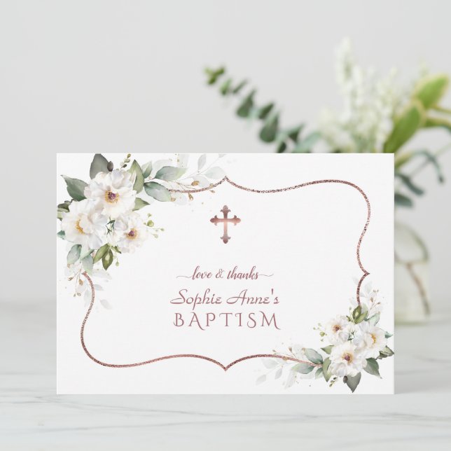 Elegante weiße Blume Rose Gold Frame Taufe Dankeskarte (Stehend Vorderseite)