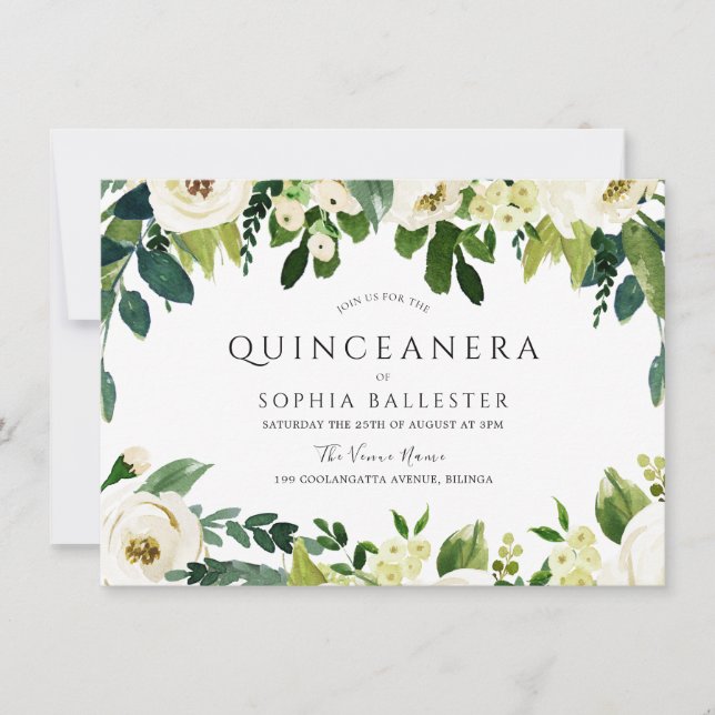 Elegante weiße Blume Schönes Quinceanera Party Einladung (Vorderseite)
