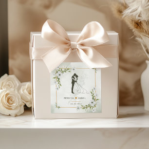 Elegante weiße Blumen-Braut und Bräutigam-Hochzeit Quadratischer Aufkleber