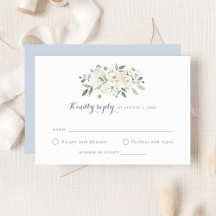 Elegante weiße Blumen Dusty Blue Hochzeit RSVP