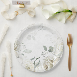 Elegante weiße Blumen- Grünzeug Hochzeitspapiertel Pappteller