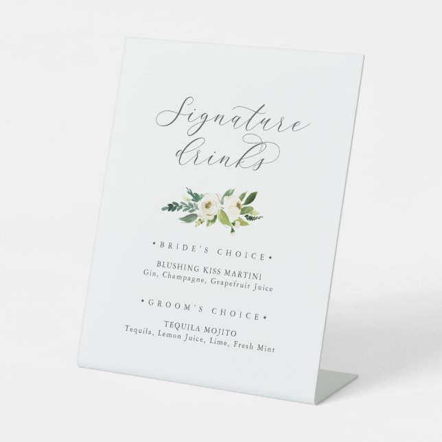 Elegante weiße Blumen Signature Drinks Zeichen Sockelschild (Vorderseite)