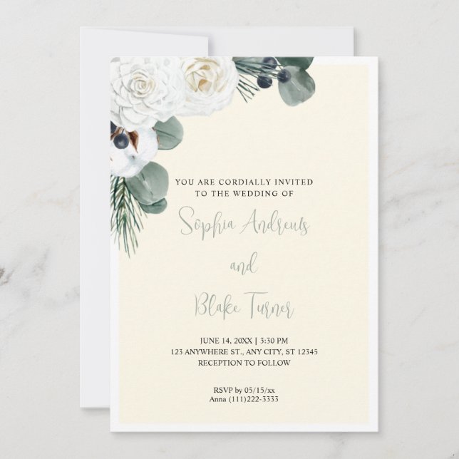 Elegante, weiße Blumen und grüne, gelbe Hochzeit Einladung (Vorderseite)