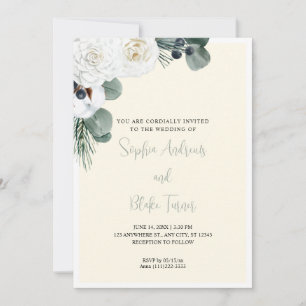 Elegante, weiße Blumen und grüne, gelbe Hochzeit Einladung