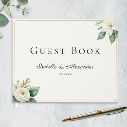 Elegante weiße Blumen- und Grünpflanzen-Hochzeit n Gästebuch