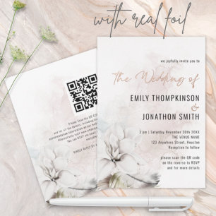 Elegante weiße Blumen Wasserfarbe QR-Code-Hochzeit Folieneinladung
