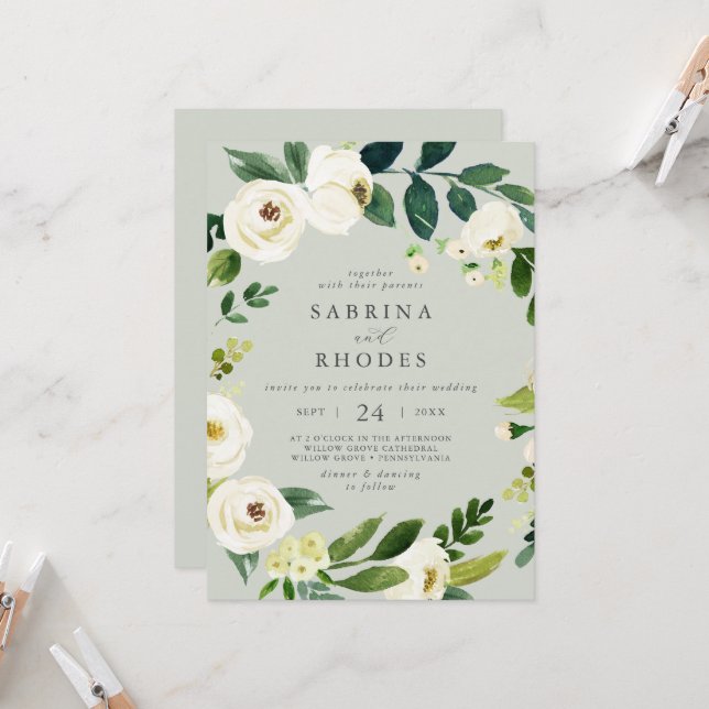 Elegante weiße, blumengeschmückte Vorderseite Einladung (Vorderseite/Rückseite Beispiel)