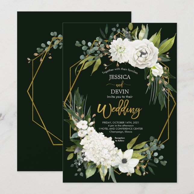 Elegante weiße Blumengrün Goldrahmen Hochzeit Einladung (Vorne/Hinten)