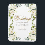 Elegante weiße Blumengrün Hochzeit Magnet<br><div class="desc">Hübsche weiße Blume mit dunkeleleganter Vegetation,  die mit Eukalyptus vermischt wird. Das ist ein großartiges "Save the Date" für Ihren Kühlschrank.</div>