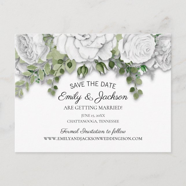 Elegante weiße Blumengrün Hochzeitstag Gerettet Postkarte (Vorderseite)
