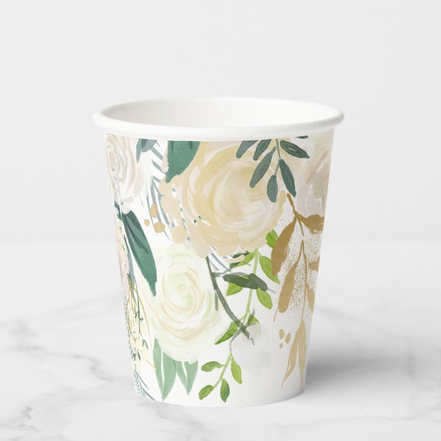 Elegante weiße Blumengrün und Gold Pappbecher (Vorderseite)