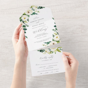 Elegante weiße Blumenhochzeit in einer Einladung