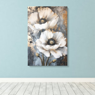 Elegante weiße Blumenwandkunst mit goldenen Akzent Leinwanddruck