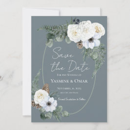 Elegante Weiße Blüten und Schiefergrau Save the Da Einladung